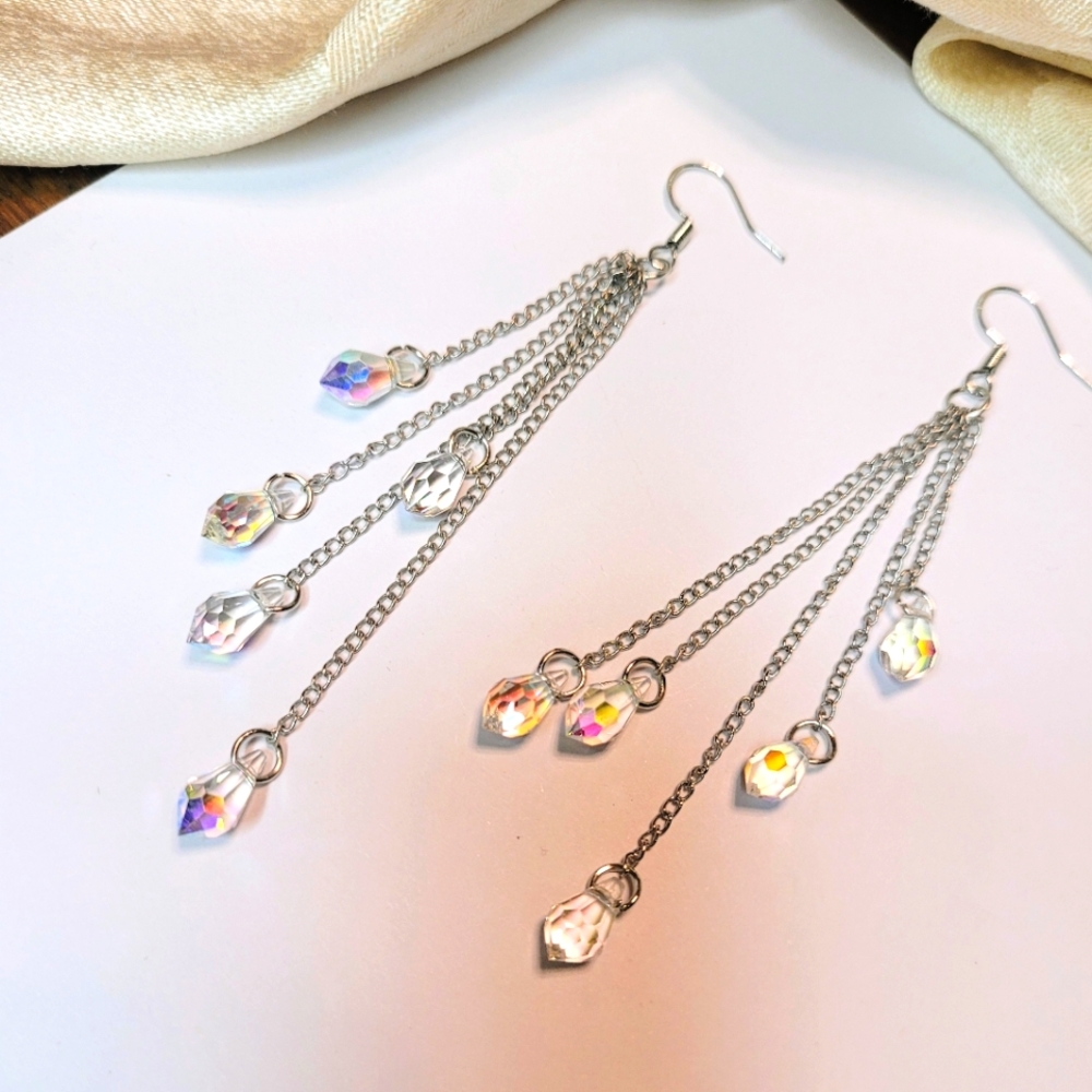Beautiful silver color fish hook earrings with long dangle sparkling crystals